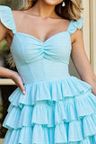 Light Blue A Line Mini Tiered Prom Dress with Ruffles