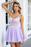 Sparkly Lilac Tulle Corset A Line Keyhole Mini Prom Dress