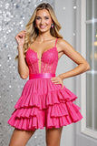Fuchsia Corset A Line Tiered Short Prom Dress with Appliques