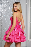 Fuchsia Corset A Line Tiered Short Prom Dress with Appliques