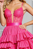 Fuchsia Corset A Line Tiered Short Prom Dress with Appliques