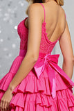 Fuchsia Corset A Line Tiered Short Prom Dress with Appliques