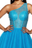 Sparkly Sky Blue A Line One Shoulder Corset Mini Tulle Prom Dress
