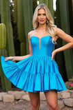 Sky Blue Strapless A Line Short Satin Prom Dress