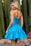 Sky Blue Strapless A Line Short Satin Prom Dress