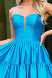Sky Blue Strapless A Line Short Satin Prom Dress