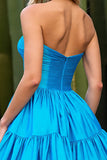 Sky Blue Strapless A Line Short Satin Prom Dress
