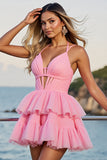 Pink A Line Corset Spaghetti Straps Chiffon Mini Prom Dress
