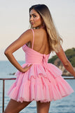 Pink A Line Corset Spaghetti Straps Chiffon Mini Prom Dress