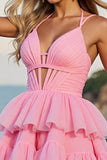 Pink A Line Corset Spaghetti Straps Chiffon Mini Prom Dress