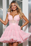 Light Pink A Line Corset Mini Prom Dress with Appliques
