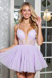 Lilac Tulle Corset A Line Mini Prom Dress with Appliques