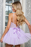 Lilac Tulle Corset A Line Mini Prom Dress with Appliques