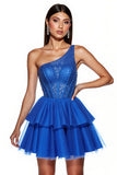 Royal Blue A Line One Shoulder Corset Short Tulle Prom Dress