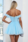 Light Blue A Line Tulle Off the Shoulder Mini Prom Dress