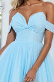 Light Blue A Line Tulle Off the Shoulder Mini Prom Dress