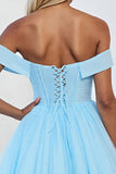 Light Blue A Line Tulle Off the Shoulder Mini Prom Dress