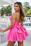 Fuchsia Tulle A Line Halter Mini Prom Dress with Bow