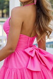 Fuchsia Tulle A Line Halter Mini Prom Dress with Bow
