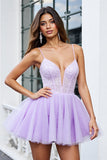 Sparkly Lilac A Line Deep V-Neck Organza Short Corset Prom Dress