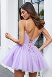 Sparkly Lilac A Line Deep V-Neck Organza Short Corset Prom Dress
