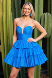Bright Blue Strapless A Line Ruched Mini Prom Dress