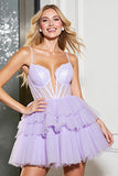 Lilac A Line Corset Tulle Mini Prom Dress with Bow