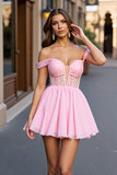 Pink Chiffon A Line Off the Shoulder Mini Corset Prom Dress