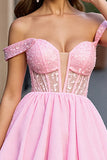 Pink Chiffon A Line Off the Shoulder Mini Corset Prom Dress