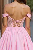 Pink Chiffon A Line Off the Shoulder Mini Corset Prom Dress