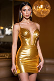 Golden Satin Corset Bodycon Mini Prom Dress