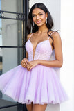 Lilac A Line Organza Corset Short Prom Dress with Appliques