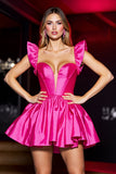 Fuchsia A Line Corset Satin Cap Sleeves Short Prom Dress