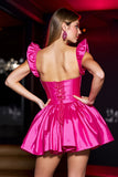 Fuchsia A Line Corset Satin Cap Sleeves Short Prom Dress