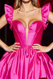 Fuchsia A Line Corset Satin Cap Sleeves Short Prom Dress