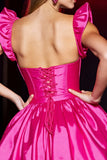 Fuchsia A Line Corset Satin Cap Sleeves Short Prom Dress