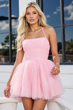Pink A Line Spaghetti Straps Ruched Mini Tulle Prom Dress
