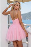 Pink A Line Spaghetti Straps Ruched Mini Tulle Prom Dress