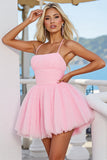 Pink A Line Spaghetti Straps Ruched Mini Tulle Prom Dress