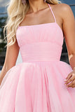 Pink A Line Spaghetti Straps Ruched Mini Tulle Prom Dress