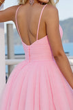 Pink A Line Spaghetti Straps Ruched Mini Tulle Prom Dress