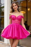 Fuchsia Corset Off the Shoulder Short Prom Dress