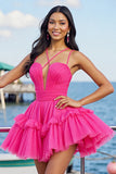 Fuchsia A Line Short Prom Dress with Ruffles