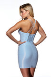 Light Blue Satin Bodycon Halter Short Prom Dress with Fringes