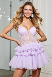 Corset Lilac A Line Tulle Mini Prom Dress with Appliques