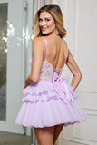 Corset Lilac A Line Tulle Mini Prom Dress with Appliques