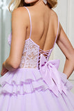 Corset Lilac A Line Tulle Mini Prom Dress with Appliques