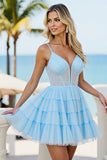 Light Blue A Line Tulle Lace Up Back Short Corset Prom Dress