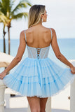 Light Blue A Line Tulle Lace Up Back Short Corset Prom Dress