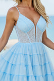 Light Blue A Line Tulle Lace Up Back Short Corset Prom Dress